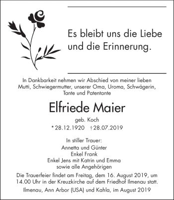 Traueranzeige von Elfriede Maier von Südthüringer Presse