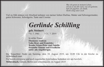 Traueranzeige von Gerlinde Schilling von Südthüringer Presse