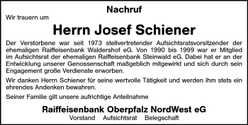 Traueranzeige von Josef Schiener von Frankenpost