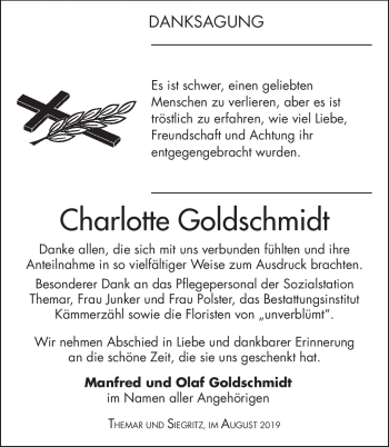 Traueranzeige von Charlotte Goldschmidt von Südthüringer Presse