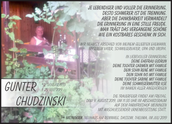 Traueranzeige von Gunter Chudzinski von Südthüringer Presse