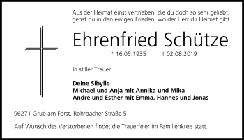 Traueranzeige von Ehfenfried Schütze von Neue Presse Coburg