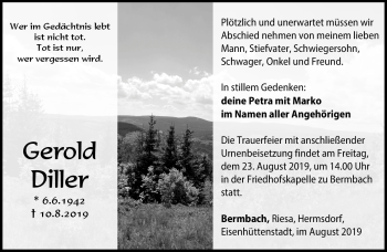 Traueranzeige von Gerold Diller von Südthüringer Presse
