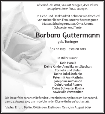 Traueranzeige von Barbara Guttermann von Südthüringer Presse