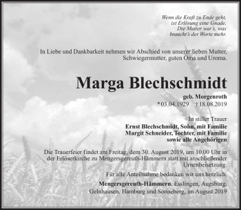 Traueranzeige von Marga Blechschmidt von Südthüringer Presse