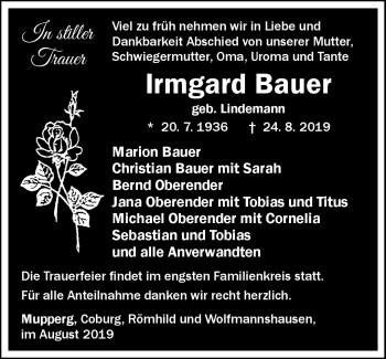 Traueranzeige von Irmgard Bauer von Südthüringer Presse