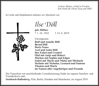 Traueranzeige von Ilse Döll von Südthüringer Presse