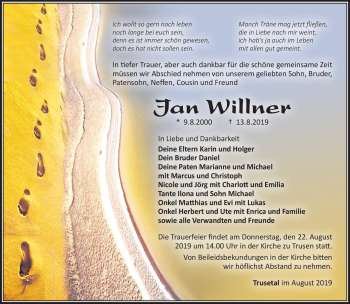 Traueranzeige von Jan Willner von Südthüringer Presse