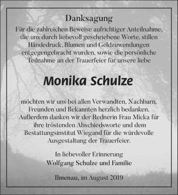 Traueranzeige von Monika Schulz von Südthüringer Presse