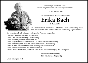 Traueranzeige von Erika Bach von Südthüringer Presse