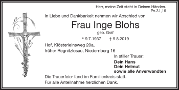 Traueranzeige von Inge Blohs von Frankenpost