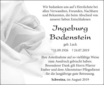 Traueranzeige von Ingeburg Bodenstein von Südthüringer Presse