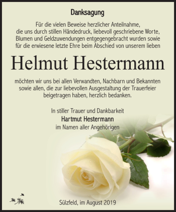 Traueranzeige von Helmut Hestermann von Südthüringer Presse