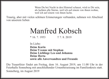 Traueranzeige von Manfred Kobsch von Südthüringer Presse