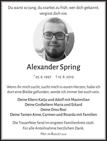 Traueranzeige von Alexander Spring von Frankenpost
