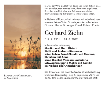 Traueranzeige von Gerhard Ziehn von Südthüringer Presse