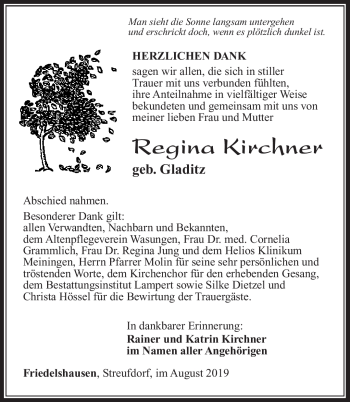 Traueranzeige von Regina Kirchner von Südthüringer Presse