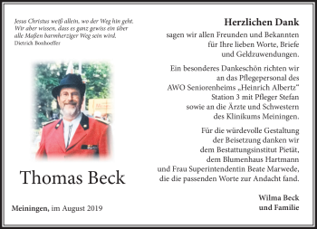 Traueranzeige von Thomas Beck von Südthüringer Presse