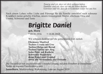 Traueranzeige von Brigitte Daniel von Südthüringer Presse