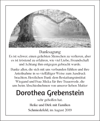 Traueranzeige von Dorothea Grebenstein von Südthüringer Presse