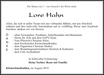 Traueranzeige von Lore Hahn von Südthüringer Presse
