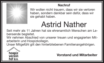 Traueranzeige von Astrid Nather von Frankenpost