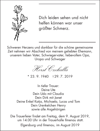Traueranzeige von Horst Czekalla von Südthüringer Presse