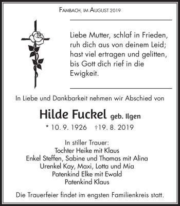 Traueranzeige von Hilde Fuckel von Südthüringer Presse