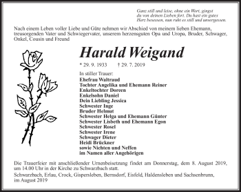 Traueranzeige von Harald Weigand von Südthüringer Presse