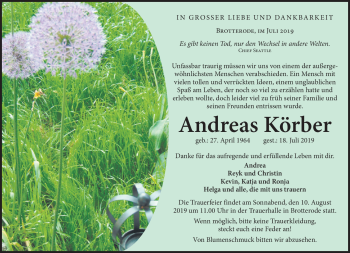 Traueranzeige von Andreas Körbert von Südthüringer Presse