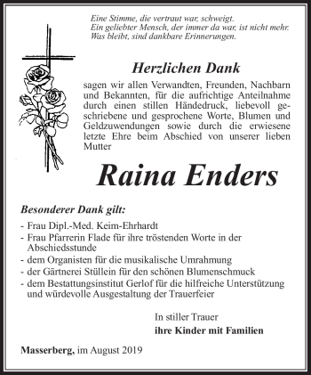 Traueranzeige von Raina Enders von Südthüringer Presse