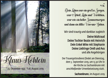 Traueranzeige von Klaus Höhlein von Südthüringer Presse