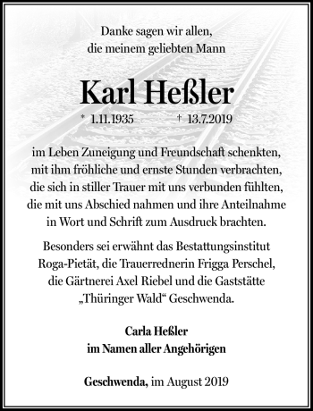Traueranzeige von Karl Heßler von Südthüringer Presse