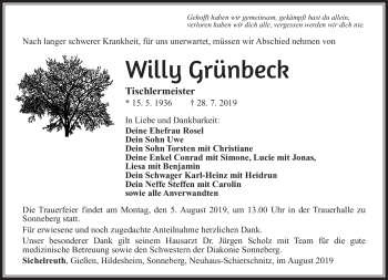Traueranzeige von Willy Grünbeck von Südthüringer Presse