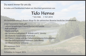 Traueranzeige von Tido Hense von Südthüringer Presse