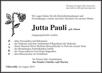 Traueranzeige von Jutta Pauli von Südthüringer Presse