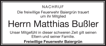 Traueranzeige von Matthias Bußler von Frankenpost