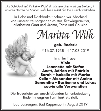 Traueranzeige von Maritta Wilk von Südthüringer Presse