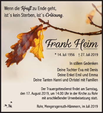 Traueranzeige von Frank Heim von Südthüringer Presse