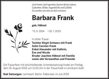 Traueranzeige von Barbara Frank von Südthüringer Presse