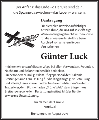 Traueranzeige von Günter Luck von Südthüringer Presse