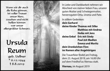 Traueranzeige von Ursula Reum von Südthüringer Presse
