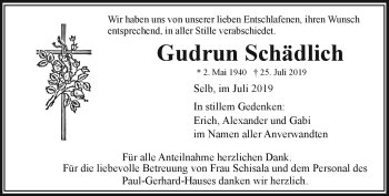 Traueranzeige von Gudrun Schädlich von Frankenpost