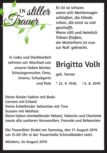 Traueranzeige von Brigitta Volk von Südthüringer Presse