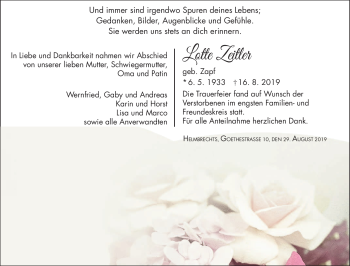 Traueranzeige von Lotte Zeitler von Frankenpost