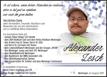 Traueranzeige von Alexander Lesch von Südthüringer Presse