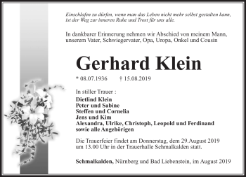 Traueranzeige von Gerhard Klein von Südthüringer Presse