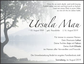 Traueranzeige von Ursula Mau von Südthüringer Presse