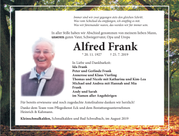Traueranzeige von Alfred Frank von Südthüringer Presse