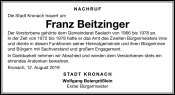 Traueranzeige von Franz Beitzinger von Neue Presse Coburg